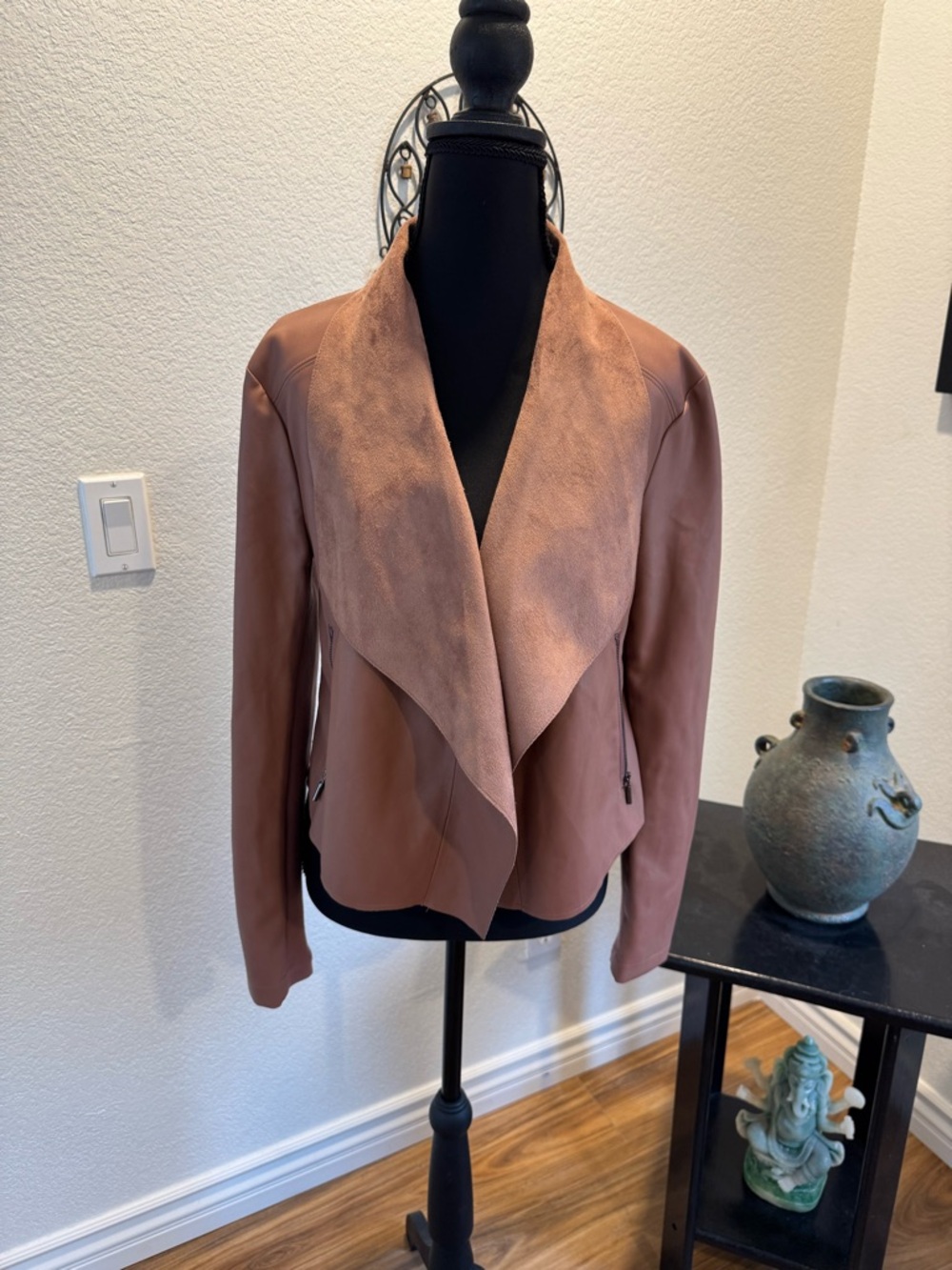 Bar III Brand Tan/Brown Color Draped Faux Leather Jacket